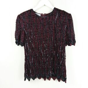 Stenay Vintage Elegant Burgundy and Black Beaded Sequin Women's Silk Top